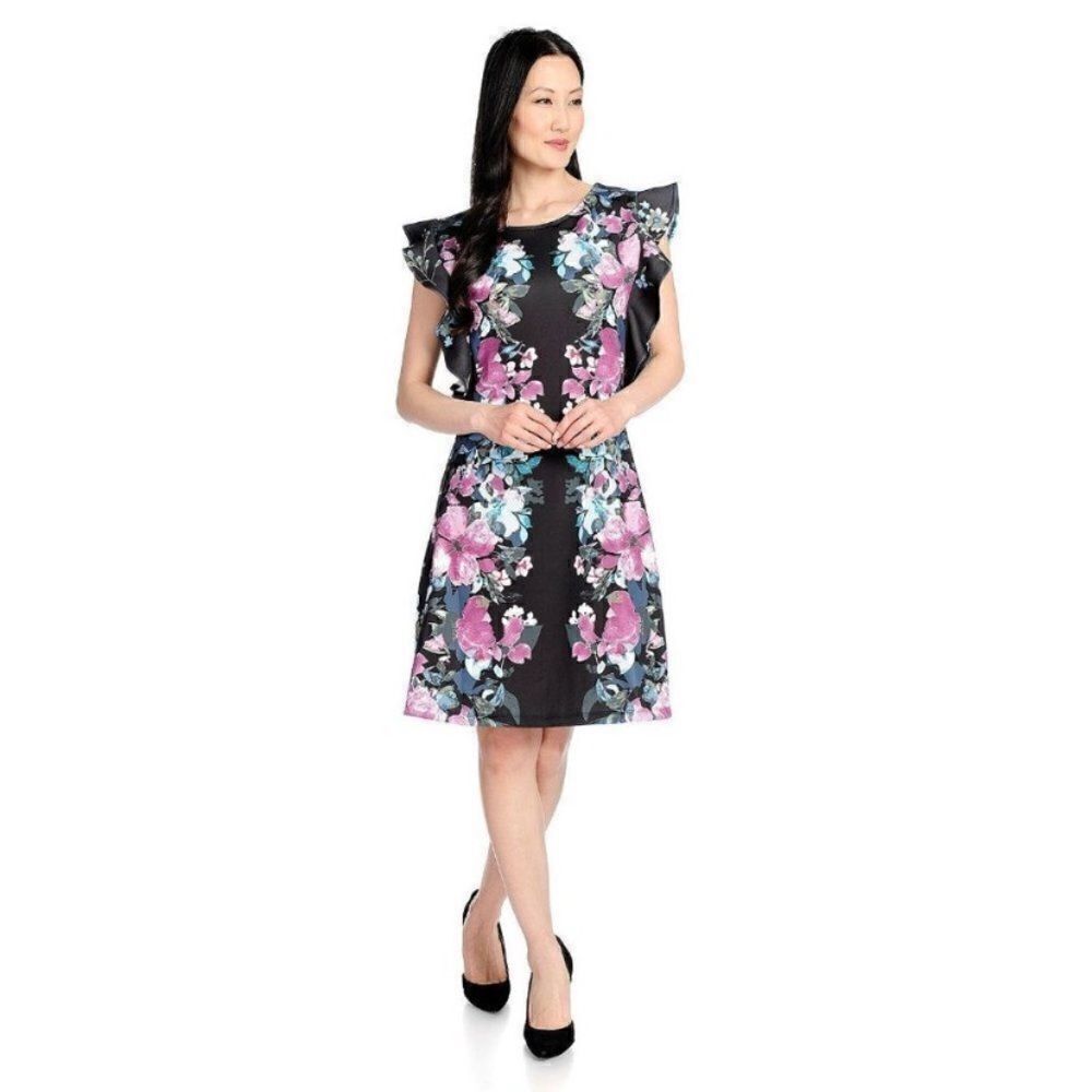 Marc Bouwer Black Floral Scuba Dress Size XL Sleeveless Ruffle